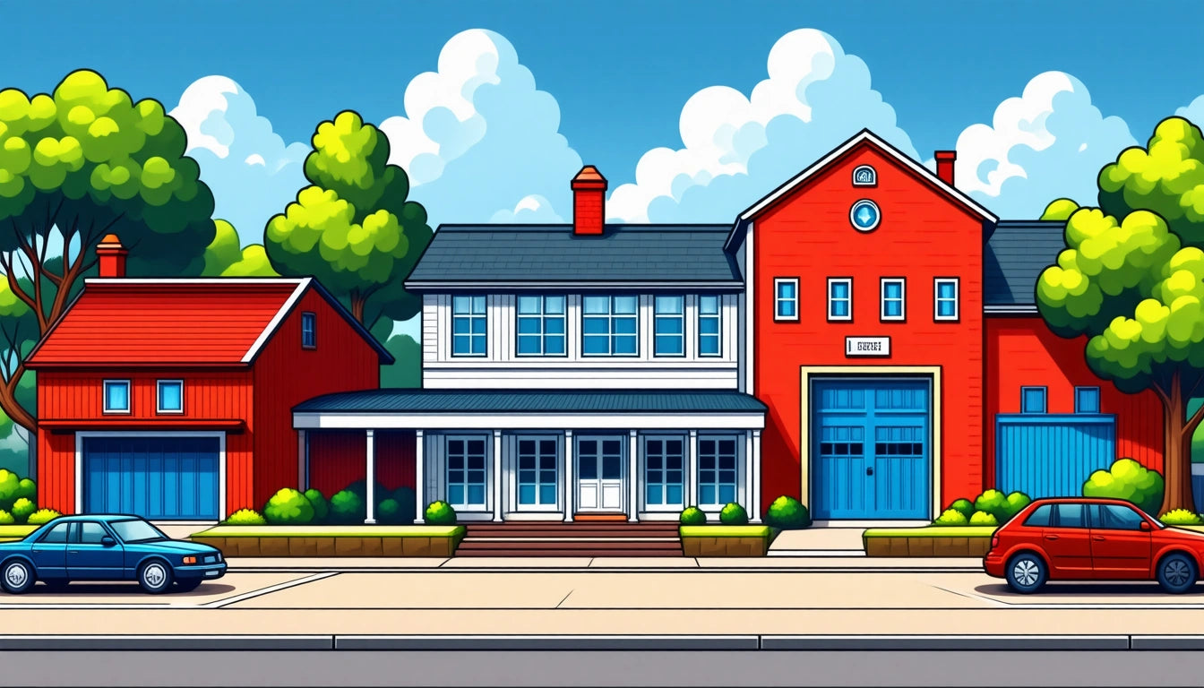 Red and white house with blue door, surrounded by green bushes and trees, under a blue sky with fluffy clouds