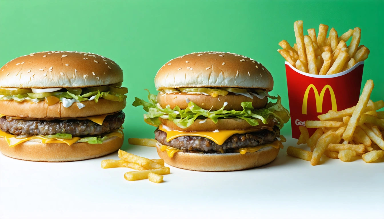 Two burgers with sesame seed buns, lettuce, and cheese, next to a red container of fries on a green background