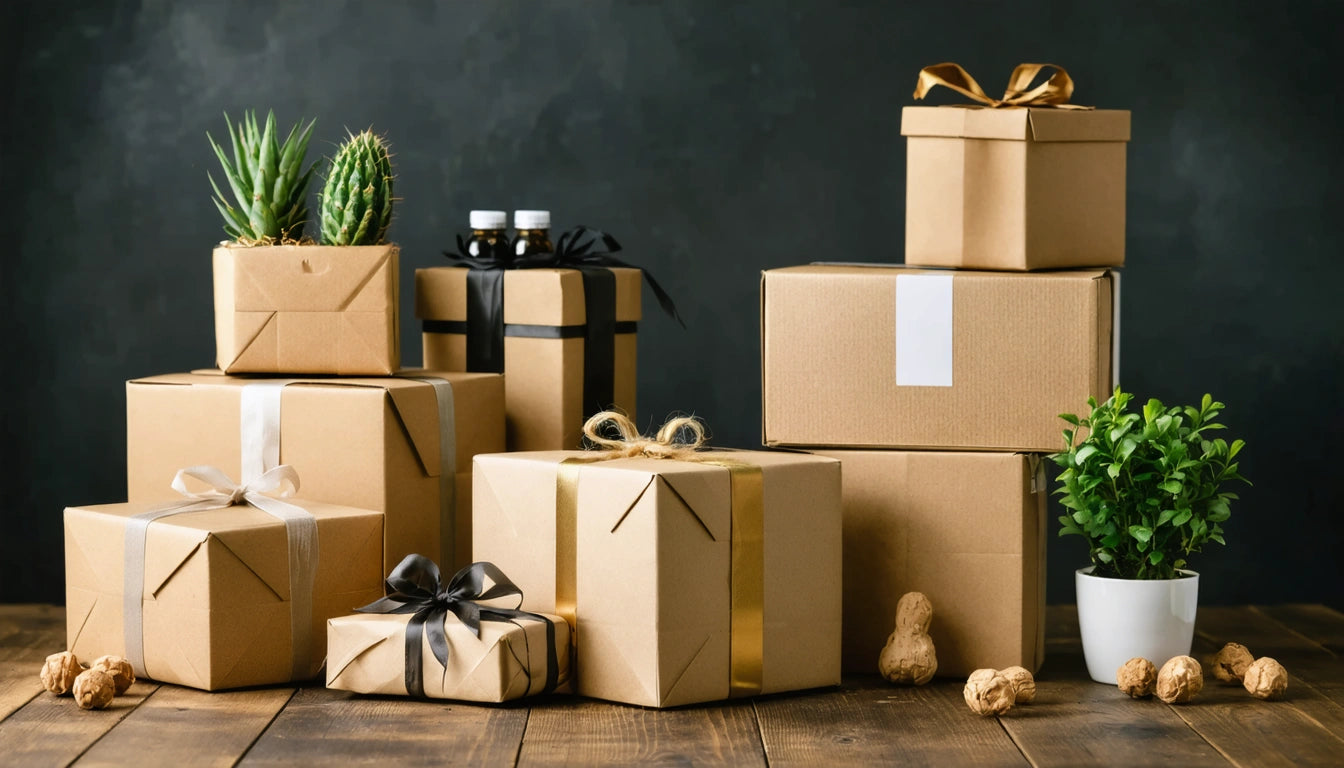 Brown gift boxes with black and gold ribbons, small potted plants, and nuts on wooden surface against dark background