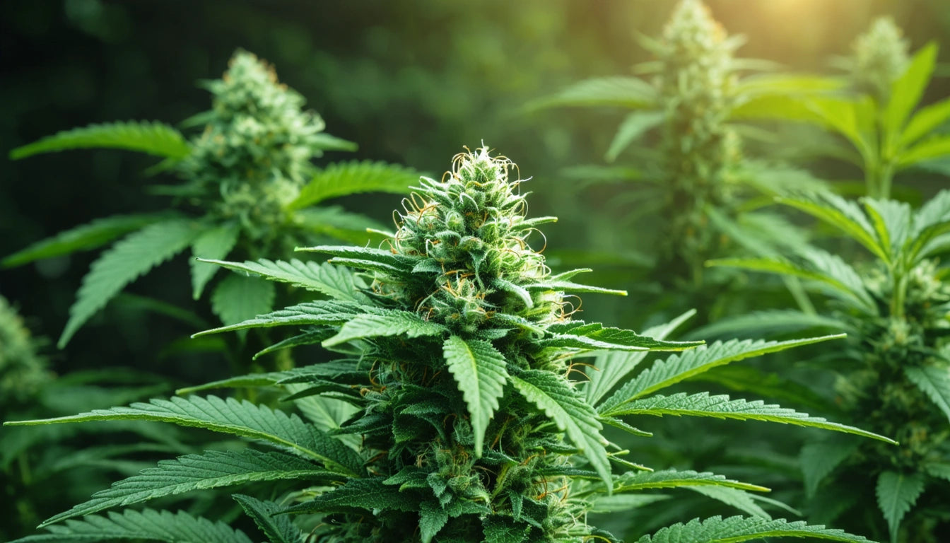 Dense green plant with serrated leaves and clusters of small, spiky buds, softly lit from the top right