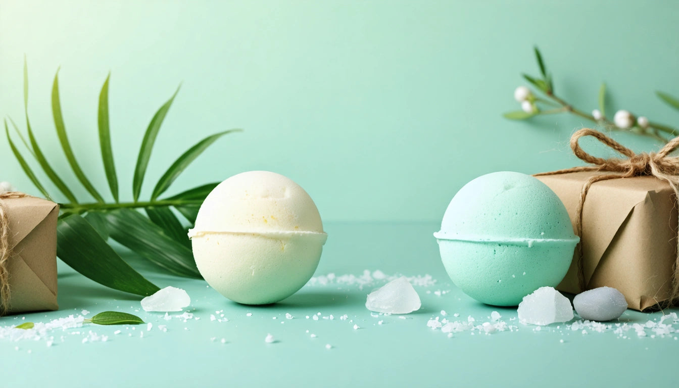 Two bath bombs, one yellow and one mint green, on a mint background with leaves, ice cubes, and wrapped gifts