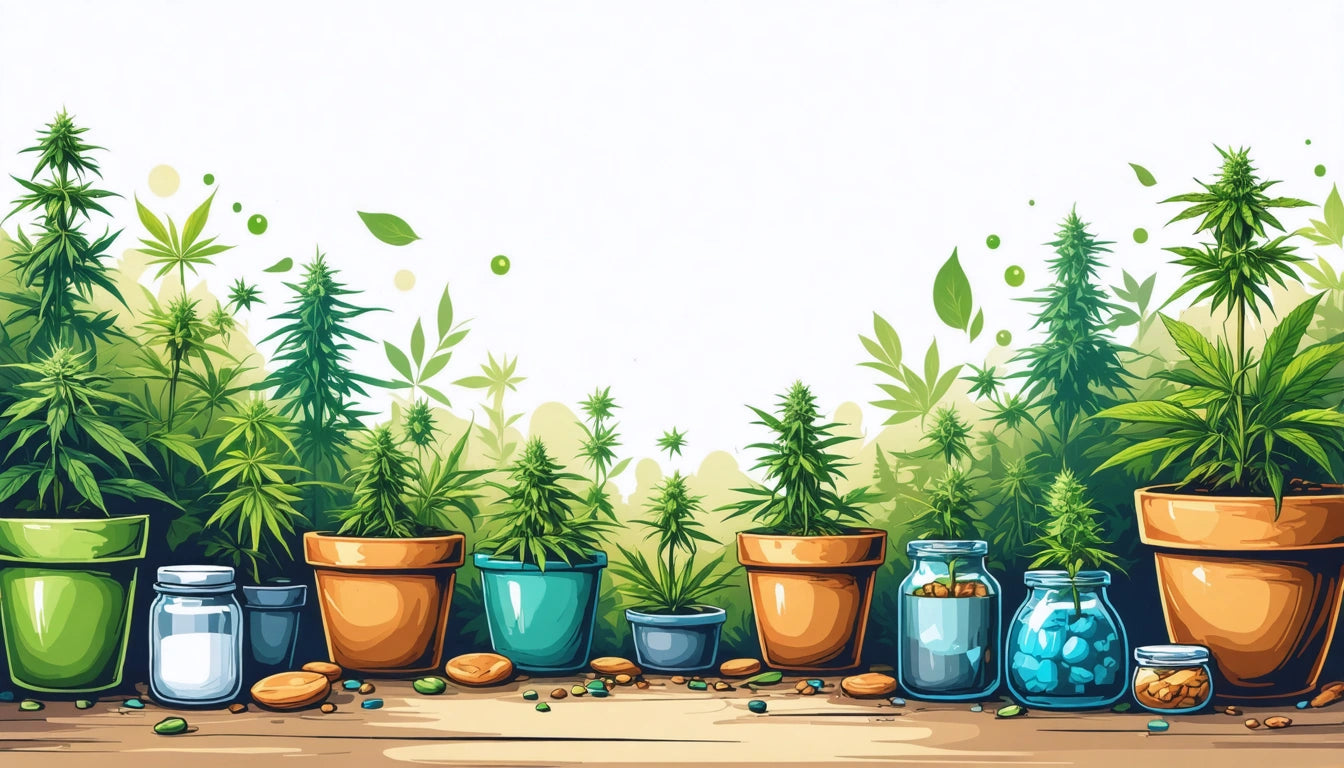 Various potted plants and jars on a wooden surface, with tall green plants in the background and scattered leaves