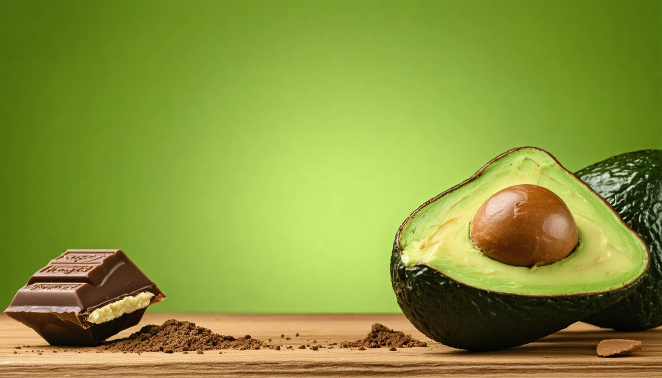 Half avocado with seed and chocolate pieces on wooden surface, green background
