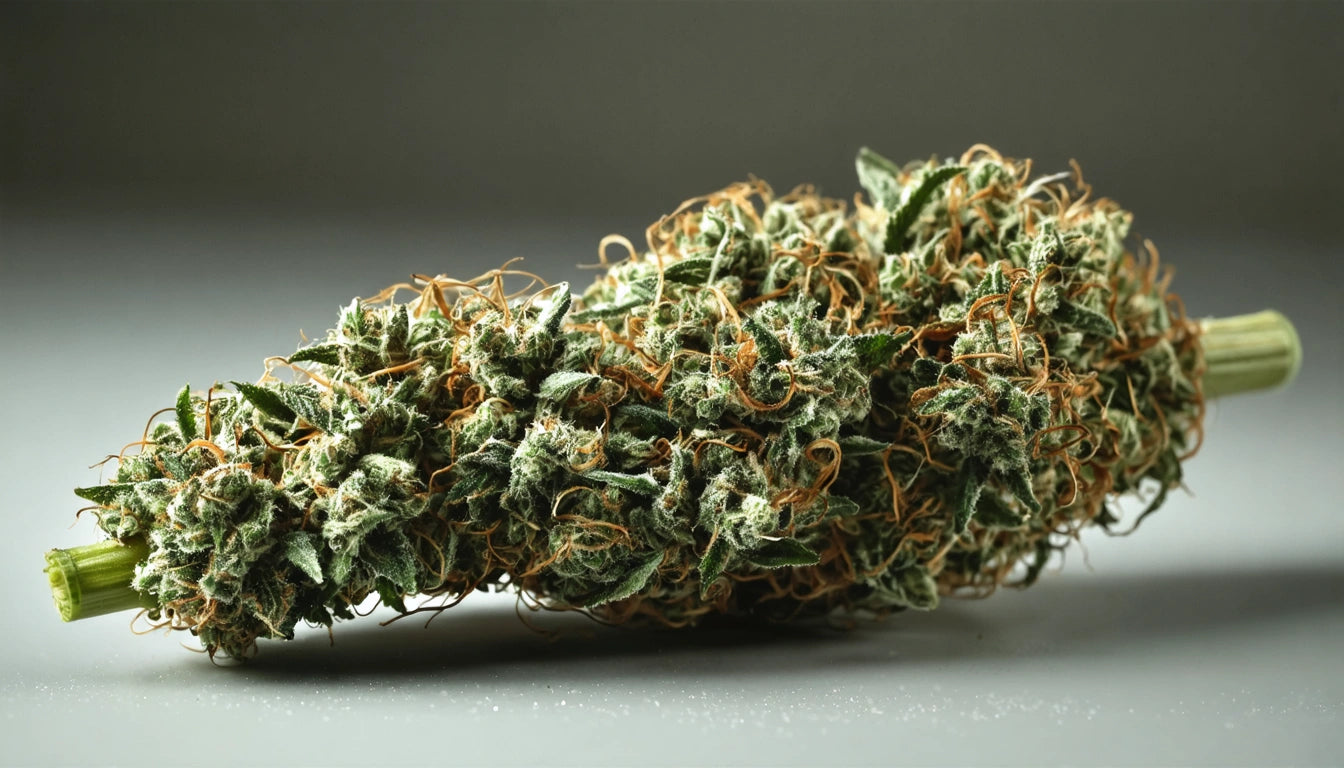 Dense green and orange plant bud with textured surface on a gray background