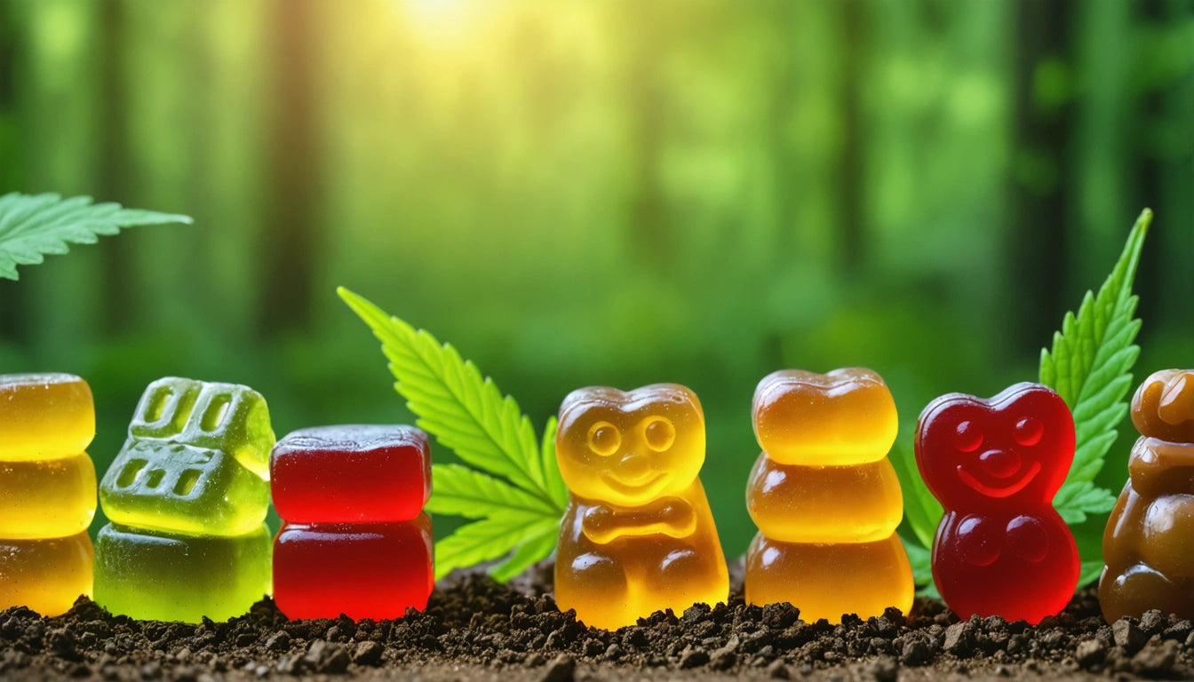 Colorful gummy bears and cubes on soil, with green leaves and a blurred forest background. Bright sunlight filters through trees