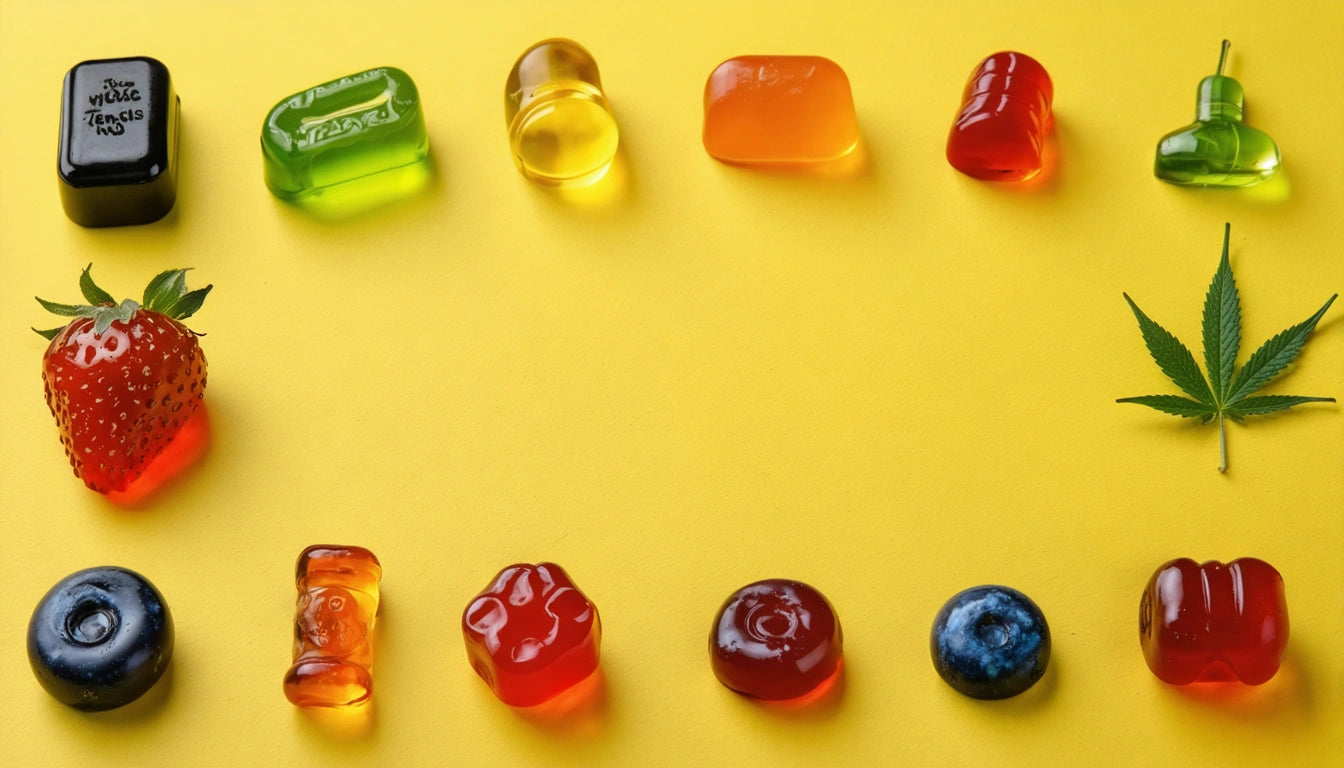 Various colorful gummies and candies arranged on a yellow background, with a strawberry and a green leaf on the right