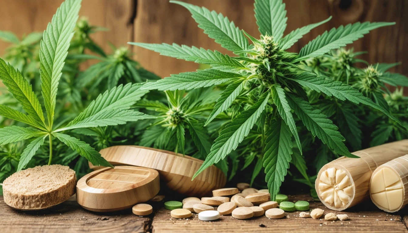 Green leafy plants with wooden containers, assorted pills, and cylindrical objects on a wooden surface