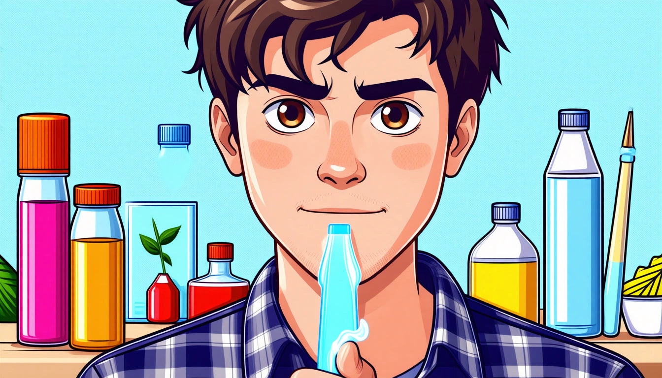 Young man with brown hair holding a tube, surrounded by colorful bottles and containers on a shelf, wearing a plaid shirt