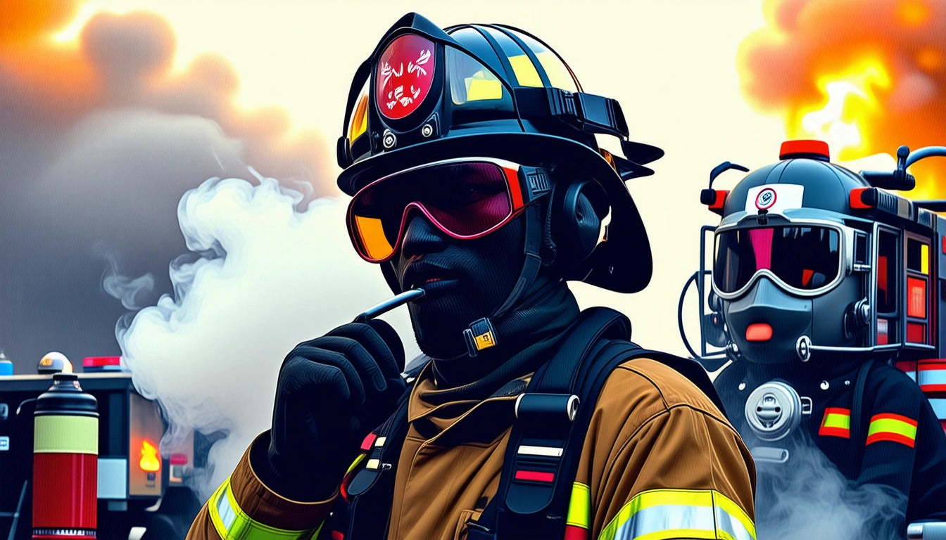 Firefighter in helmet and goggles holding a radio, with smoke and another firefighter in the background