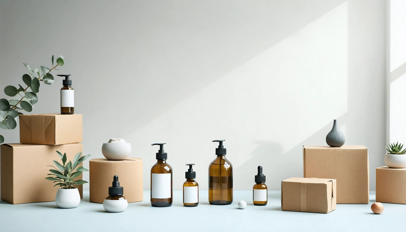 Brown glass bottles with pumps and droppers on a light surface, surrounded by cardboard boxes, small plants, and ceramic vases