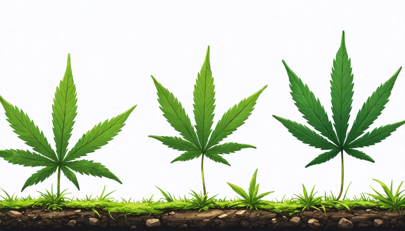 Three green leaves with serrated edges growing from soil, each with multiple pointed leaflets, against a white background