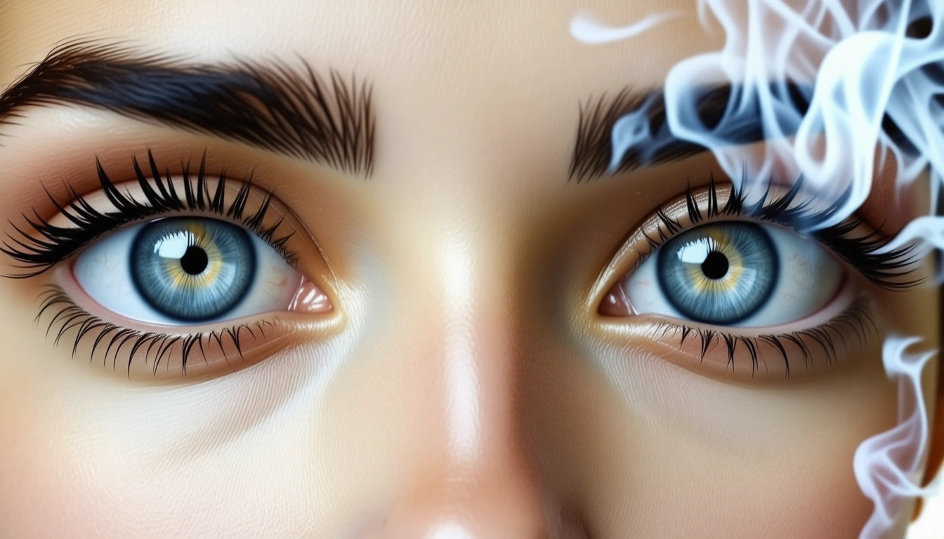 Close-up of blue eyes with thick eyebrows, long eyelashes, and white smoke swirling near the right eye