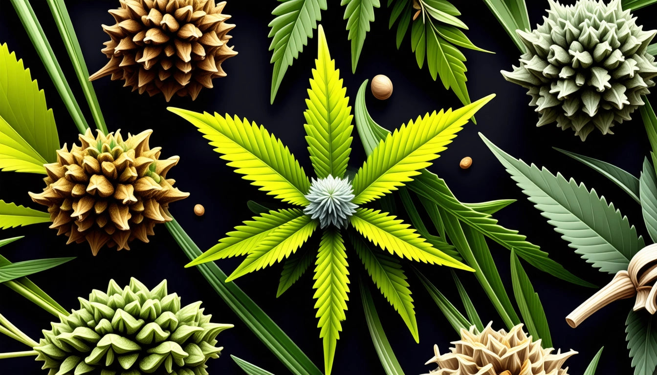 Bright green leaf with serrated edges surrounded by various spiky, pinecone-like objects and smaller round elements on black background