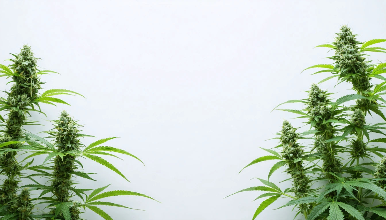 Tall green plants with spiky leaves and buds on both sides against a plain white background