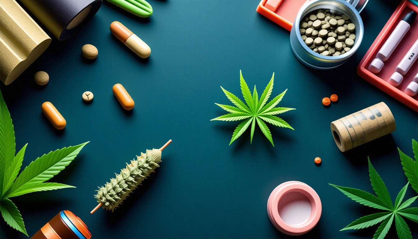 Green leaves, pills, capsules, and containers scattered on a dark surface, with a cylindrical object wrapped in twine