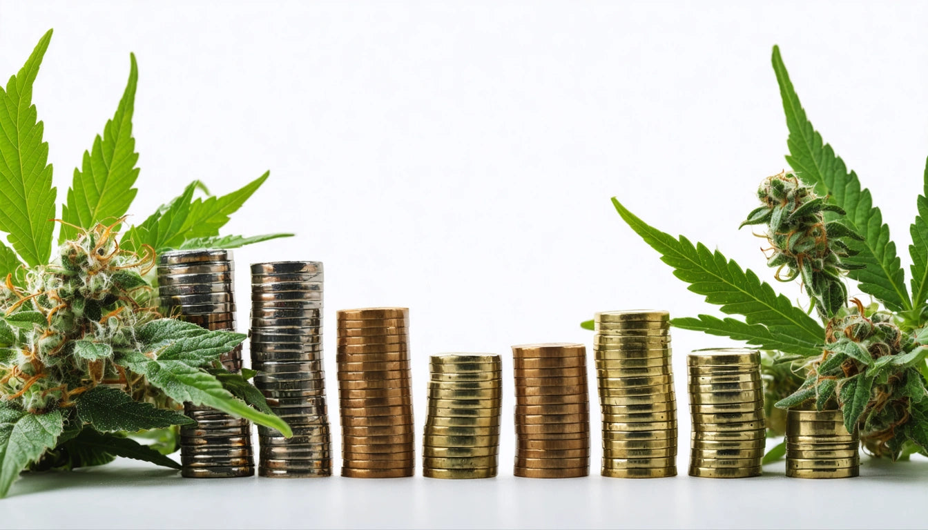 Stacks of silver and gold coins flanked by green leaves and buds on a white background