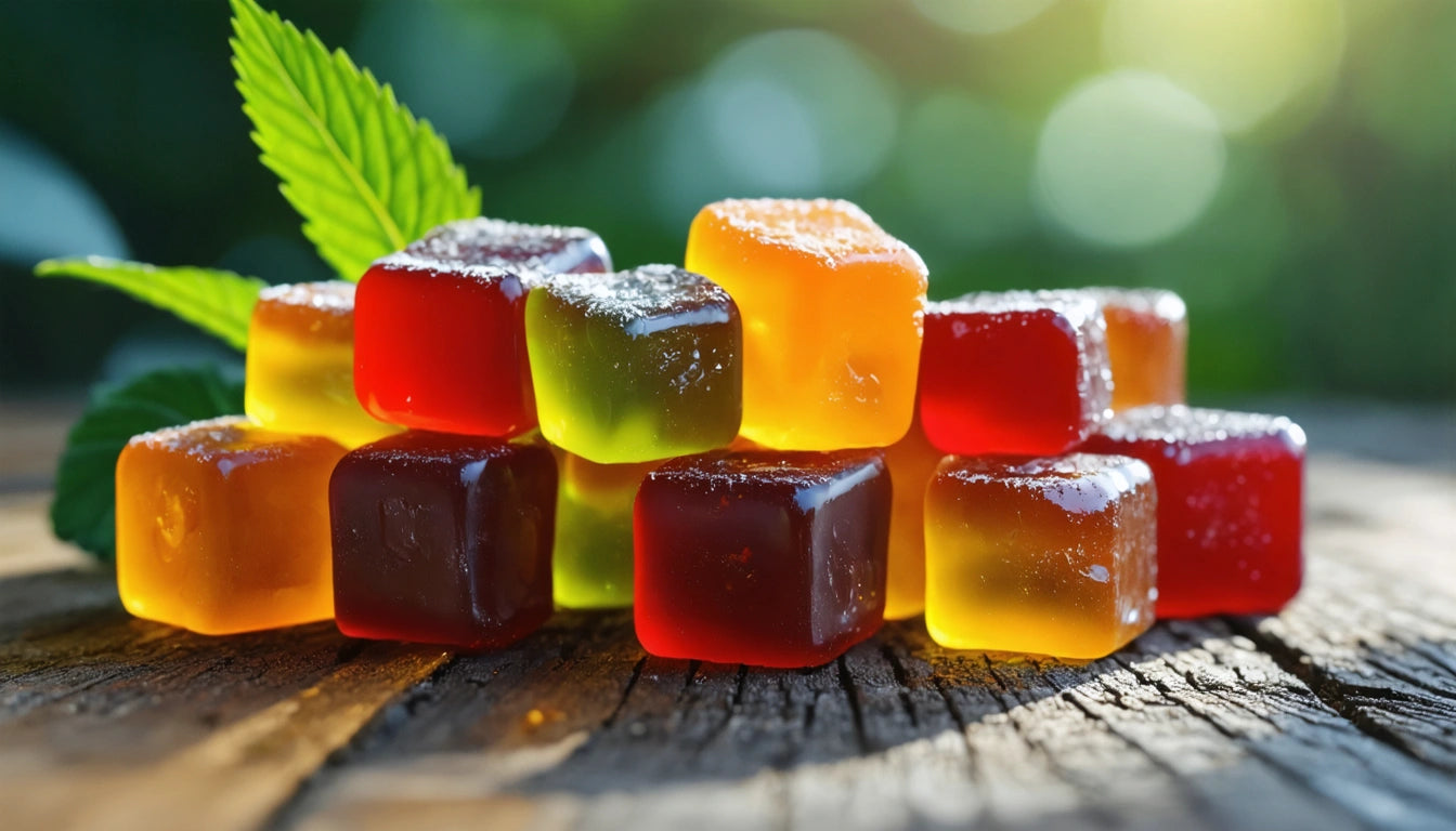 Colorful gummy cubes stacked on wooden surface, sunlight highlighting their translucent texture, with green leaves in the background