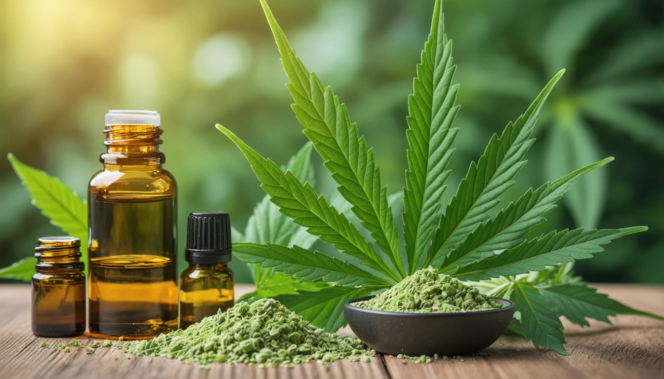 Three amber glass bottles, green leaves, and a bowl of green powder on a wooden surface with blurred greenery in the background