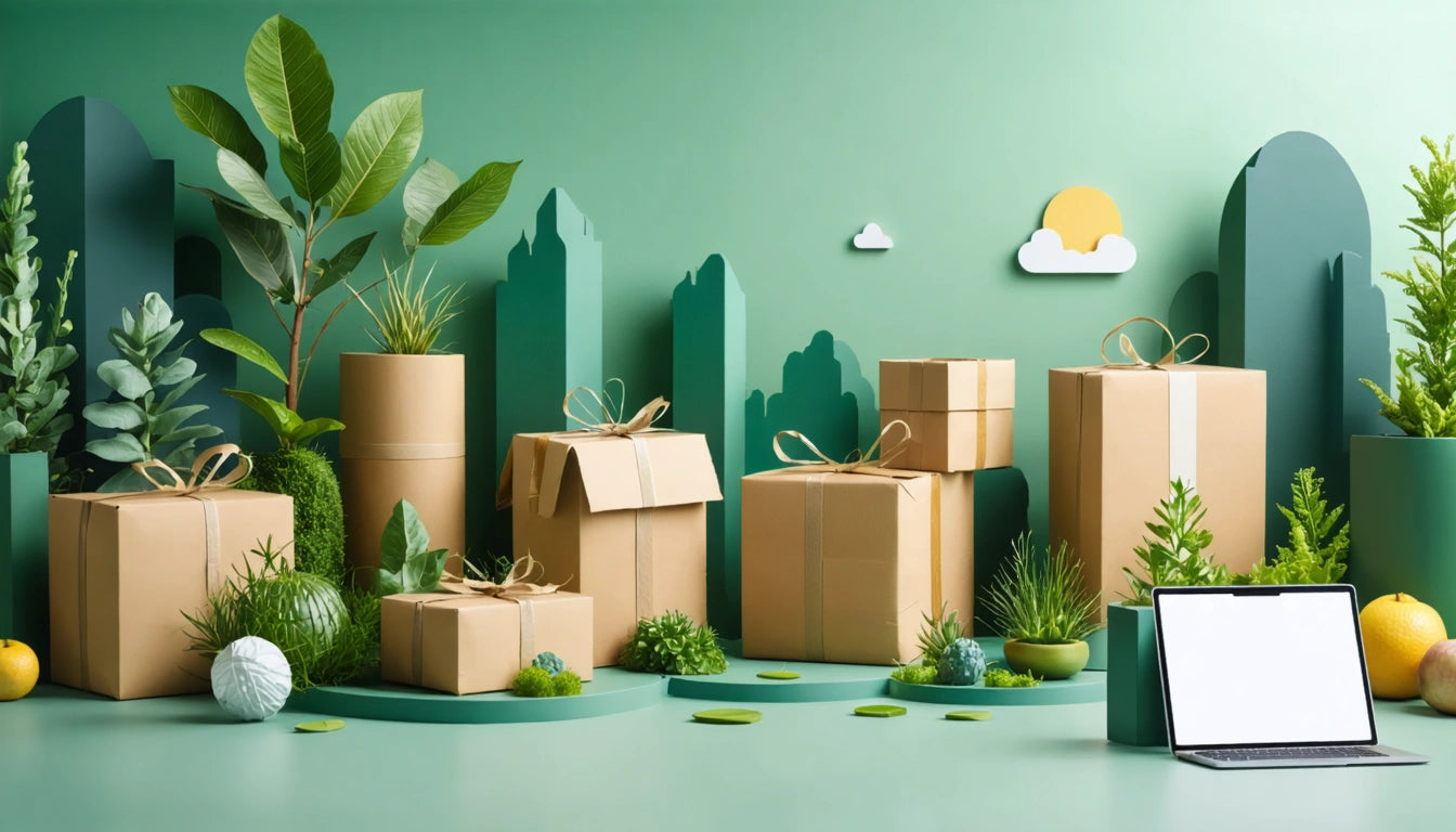 Cardboard boxes with bows surrounded by potted plants on a green surface, laptop with blank screen on the right