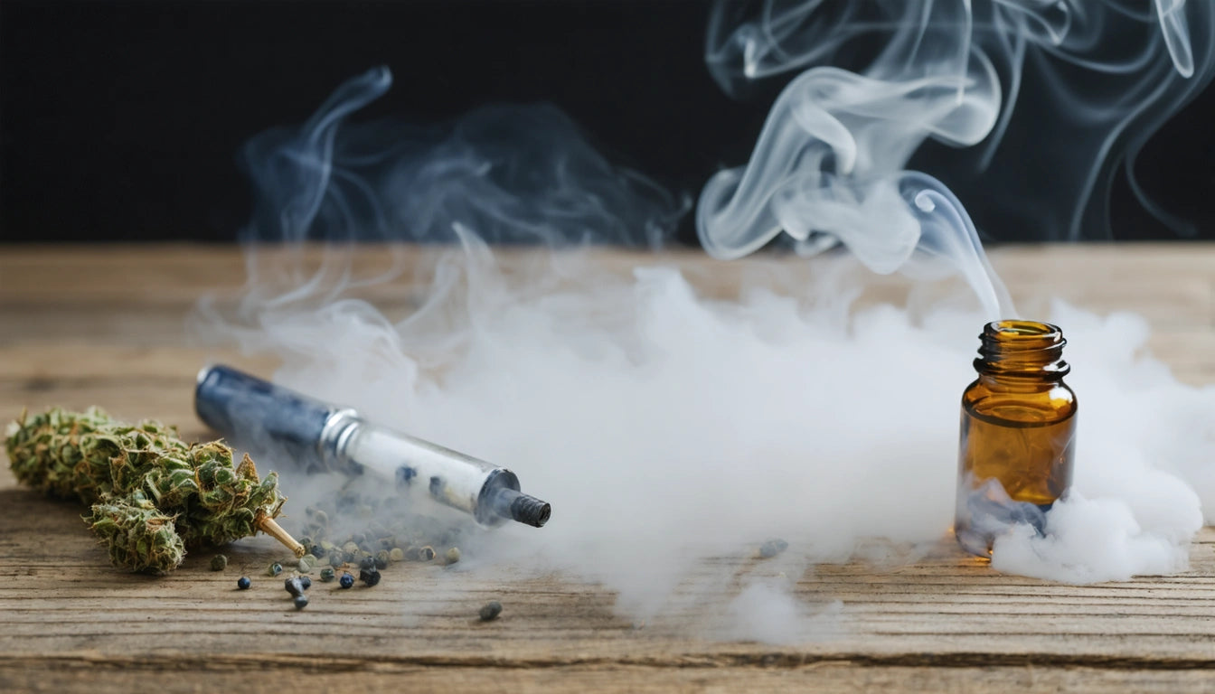 Vape pen, brown glass bottle, and cannabis buds on wooden surface with smoke swirling around