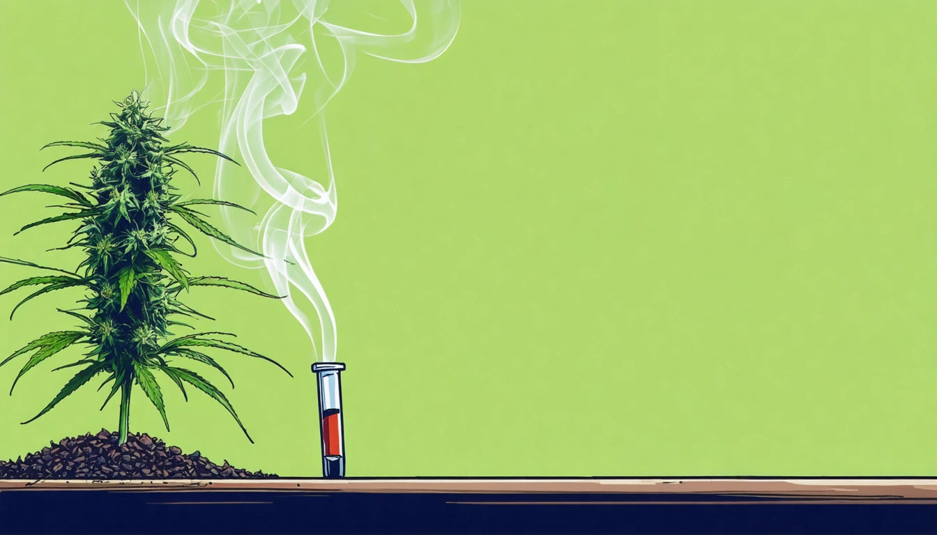 Tall plant with green leaves on left, smoking test tube on wooden surface, light green background