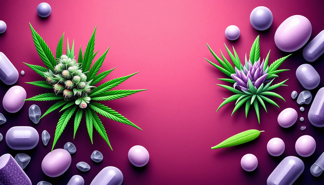 Green leaves and purple buds on left and right, surrounded by various purple and pink capsules and spheres on a pink background