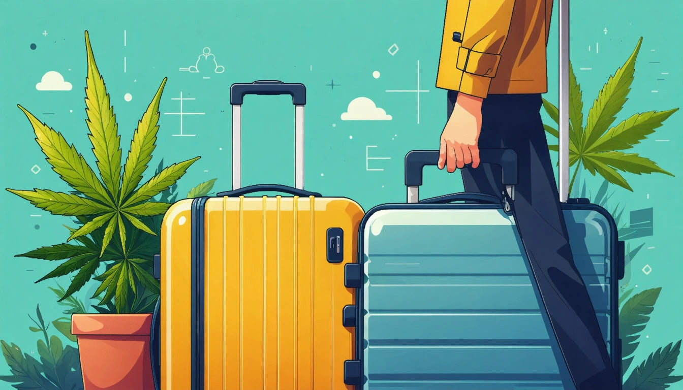 Person in yellow jacket holding two suitcases, one yellow and one blue, next to a potted plant against a teal background