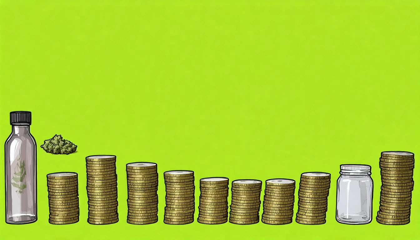 Glass jars and stacked coins on a bright green background, with a small pile of green leaves beside the jars