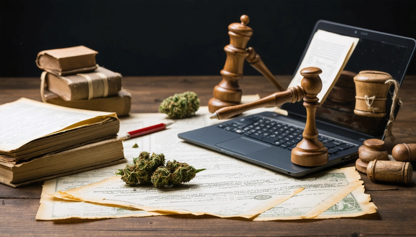 Wooden gavel on open laptop, scattered papers, books, and cannabis buds on wooden table