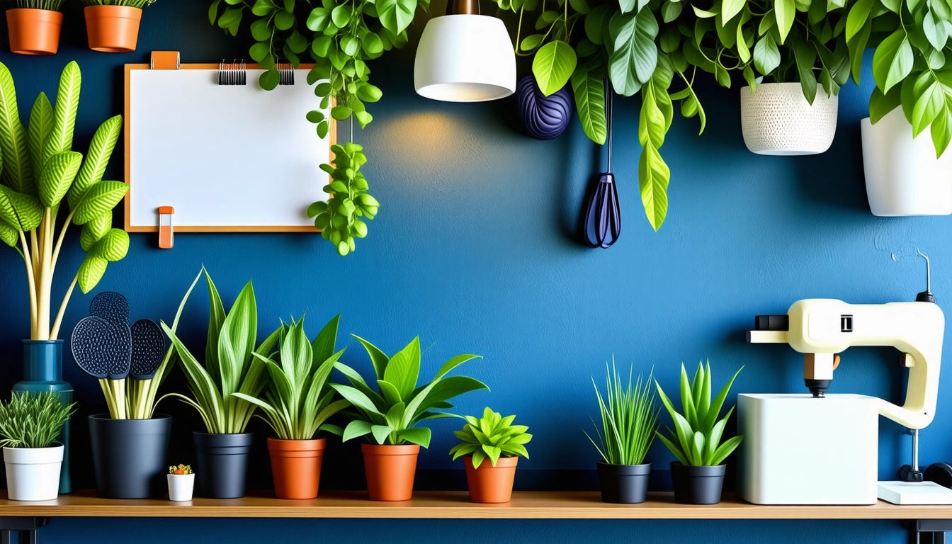 Potted plants on a wooden shelf, blue wall background, hanging greenery, whiteboard, white lamp, and a white sewing machine