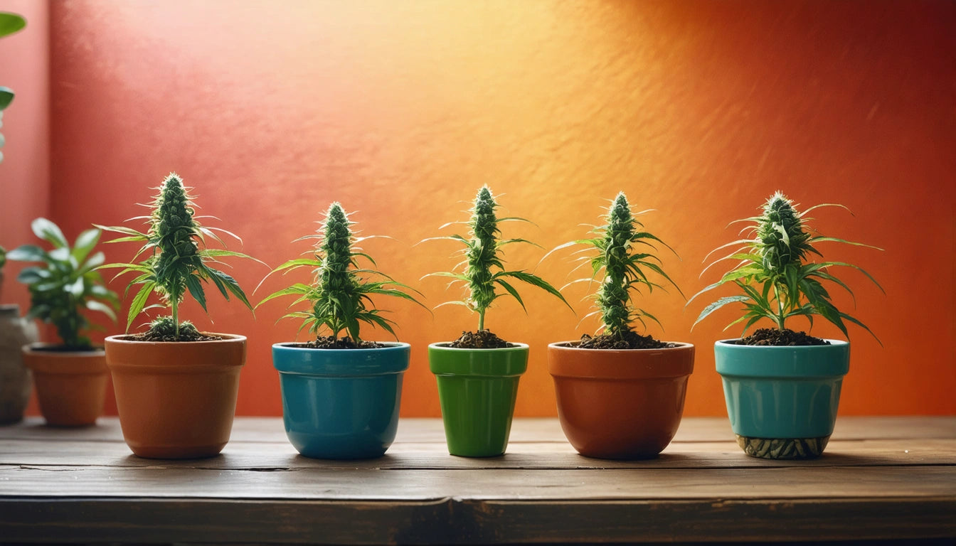 Five potted plants with spiky leaves on a wooden surface, against an orange wall