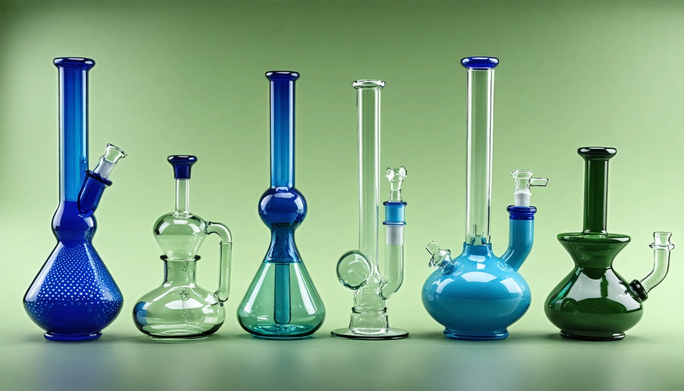 Six glass bongs in various shapes and shades of blue and green against a light green background