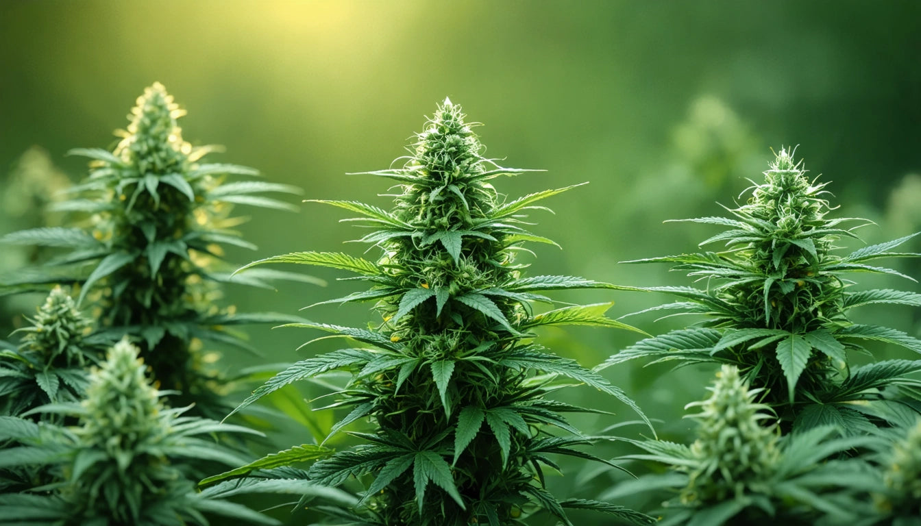 Green plants with pointed leaves and dense clusters, sunlight softly illuminating the background