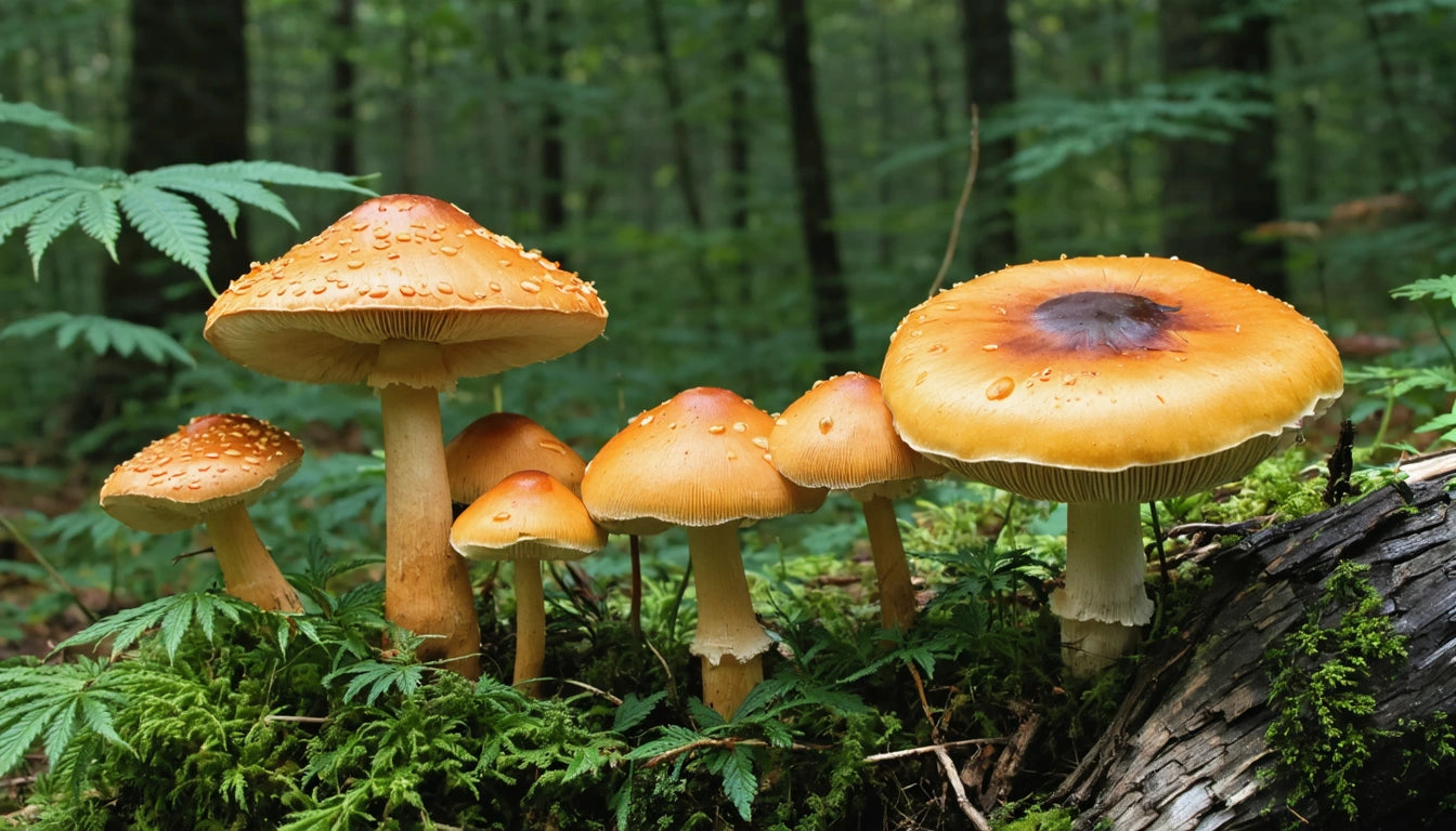 Cluster of orange mushrooms with textured caps growing on forest floor, surrounded by green ferns and moss