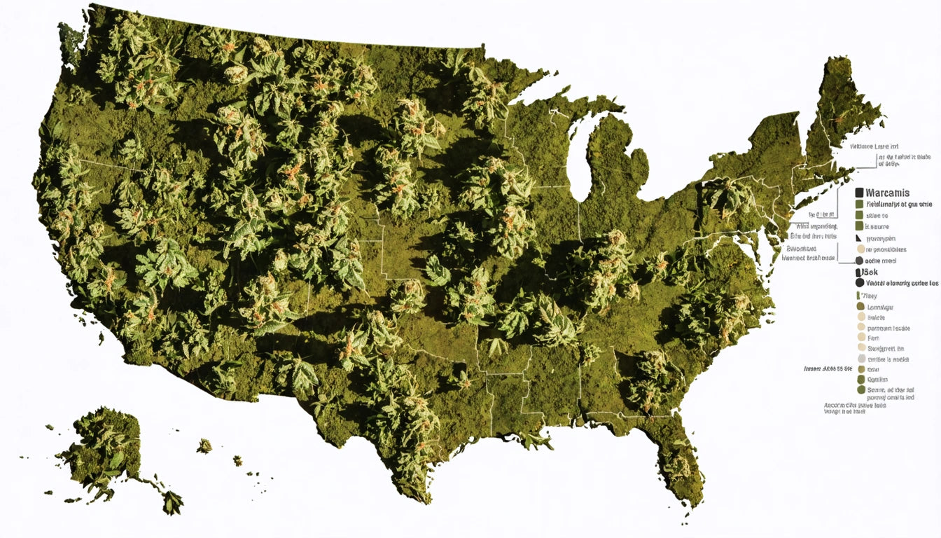 Map of the United States covered in green foliage, with varying shades of green and small icons scattered throughout