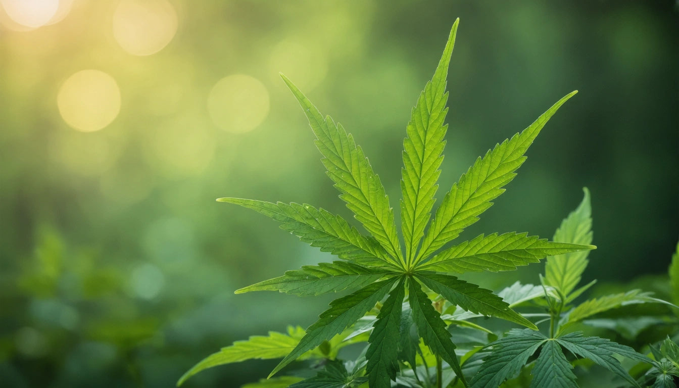 Green plant with pointed leaves against a blurred green background and soft sunlight