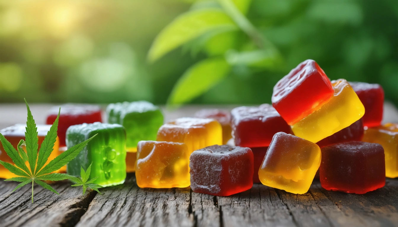 Colorful gummy candies on wooden surface with green leaves in background