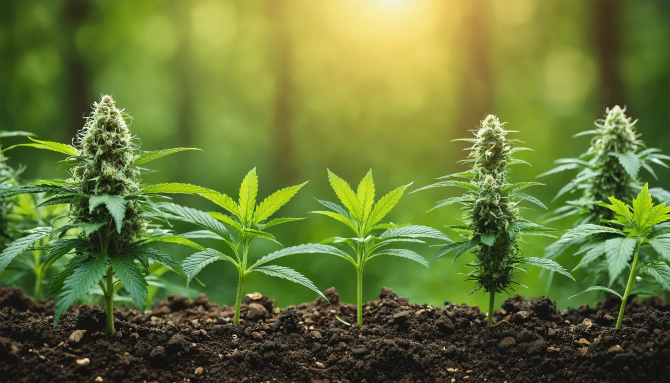 Five green plants with serrated leaves and buds in soil, sunlight filtering through blurred forest background