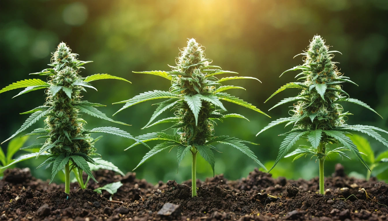 Three tall plants with dense green leaves and buds, growing in soil, with sunlight filtering through a blurred green background