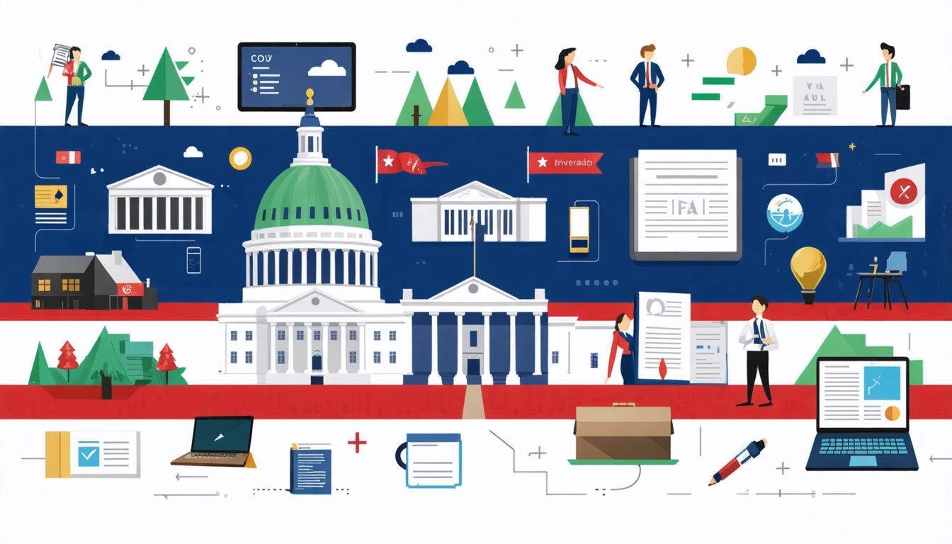 Buildings, people, trees, and various icons on a colorful background with red, white, and blue stripes