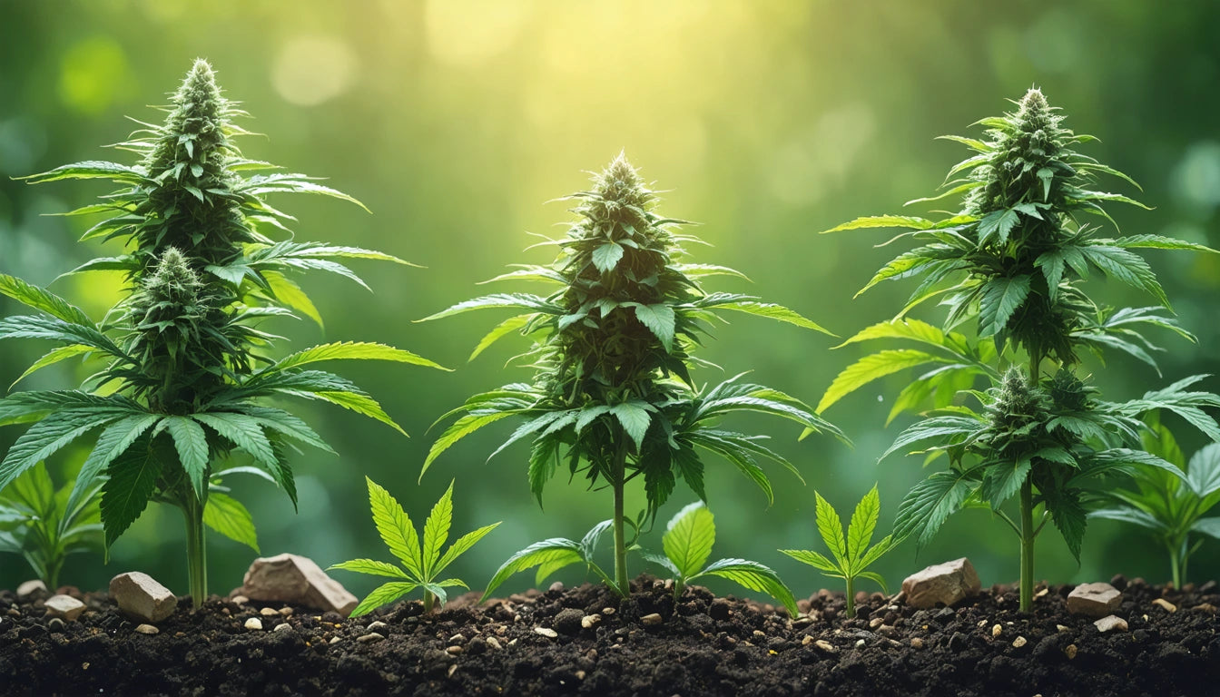 Three green plants with pointed leaves and buds growing in soil, surrounded by small rocks, with a sunlit background