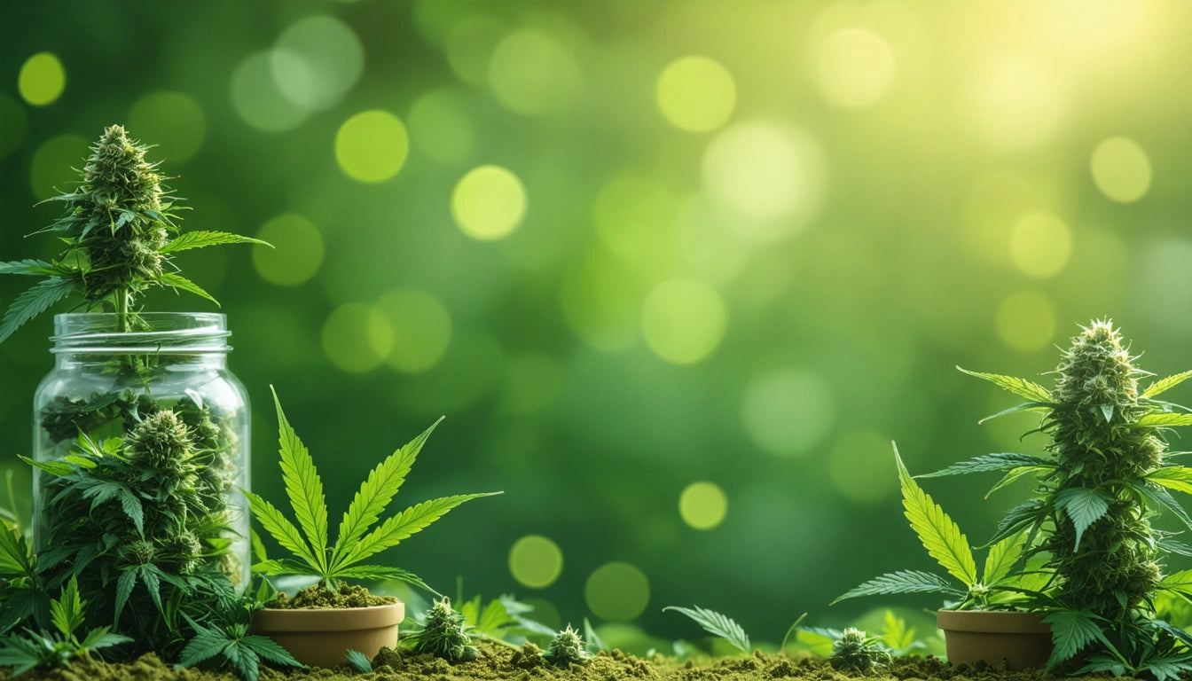 Glass jar with green plants on left, small pot with leaves in center, and plant on right, against a blurred green bokeh background
