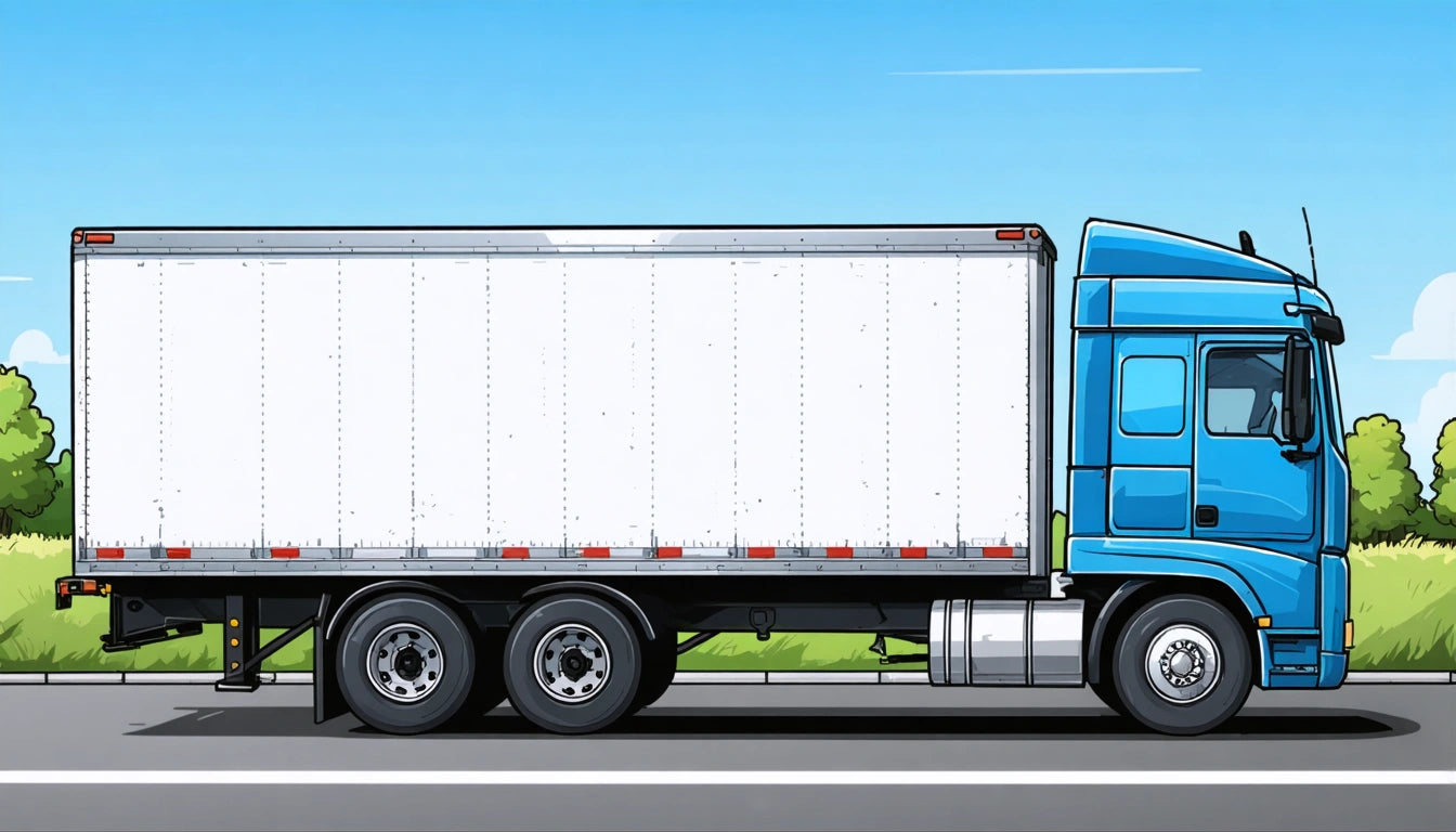 Blue semi-truck with a white trailer parked on a road, green grass and blue sky in the background