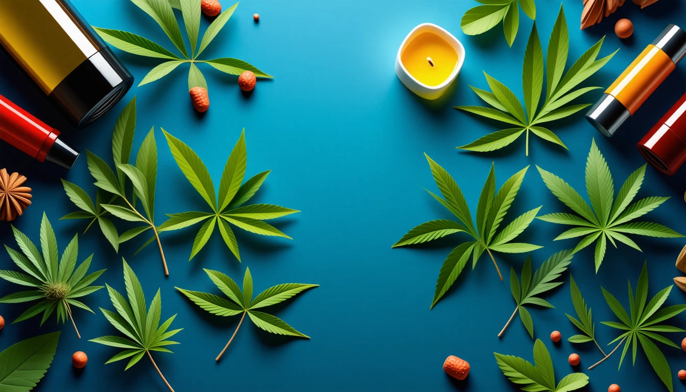 Green leaves, small orange fruits, and a yellow candle on a blue surface, with bottles on the edges