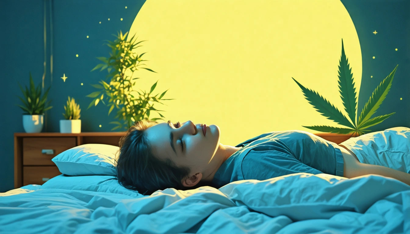 Person lying on bed with blue sheets, large yellow circle behind, surrounded by green plants and a large leaf