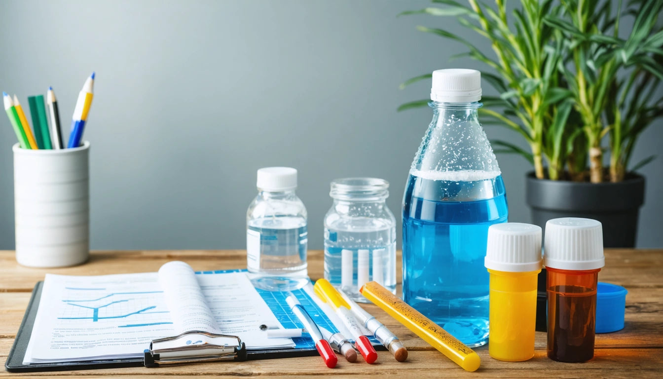 Clipboard with papers, plastic bottles, colored pens, and pill containers on wooden table; plant in background