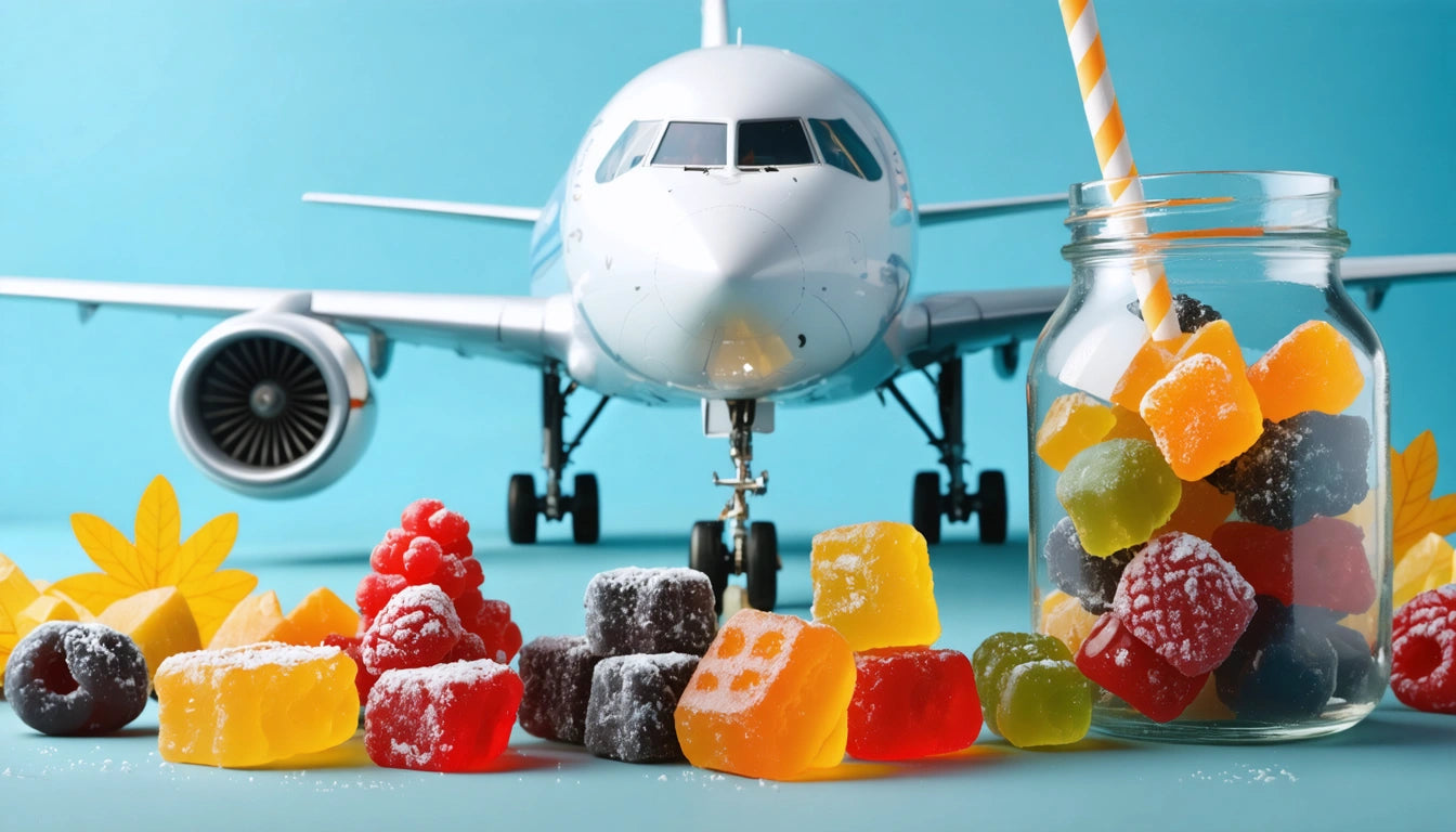 Airplane model on blue background with colorful gummy candies and a glass jar in the foreground