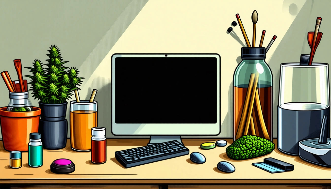 Computer monitor on desk with keyboard, paintbrushes in jar, potted plants, glass of juice, and scattered stones