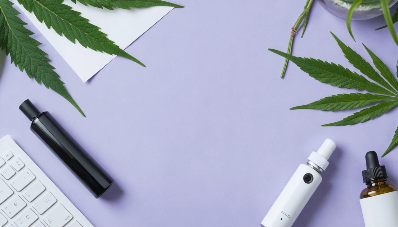 Purple surface with vape pens, keyboard, cannabis leaves, and dropper bottle
