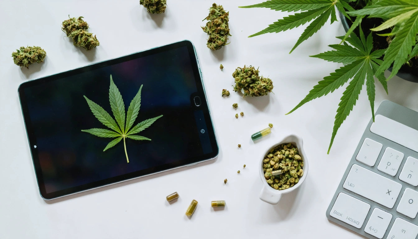 Tablet displaying a green leaf, surrounded by scattered buds, capsules, a small bowl, and a keyboard on a white surface